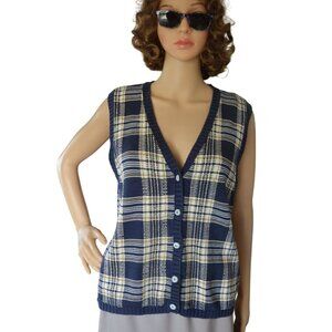 Vintage 90s Izod Club Paid Sweater Vest Women M Blue Yellow Golfcore Knit Preppy